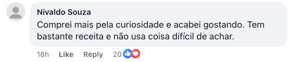 Comentário de Nivaldo Souza no anúncio: "Comprei mais pela curiosidade e acabei gostando. Tem bastante receita e não usa coisa difícil de achar."