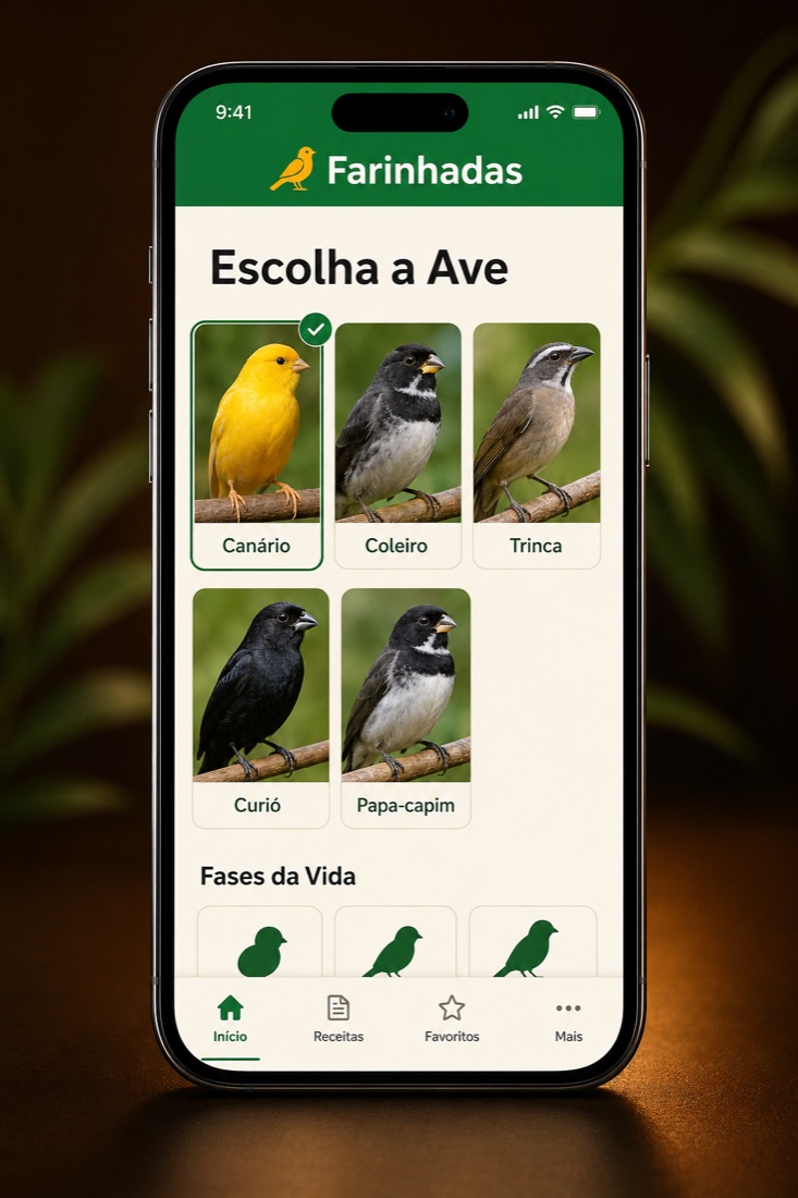 Tela do app: Escolha a Ave, com miniaturas de canário, coleiro, trinca, curió e papa-capim