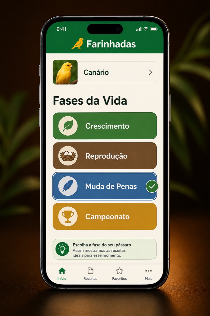 Tela do app: Fases da Vida, com os botões Crescimento, Reprodução, Muda de Penas e Campeonato
