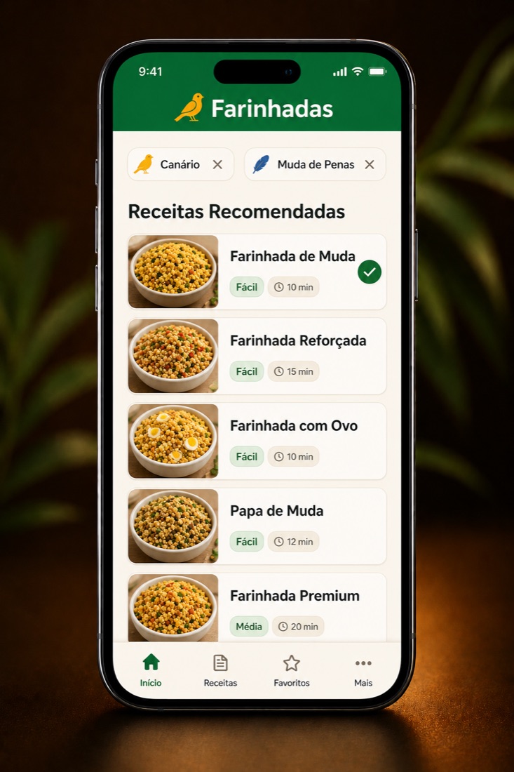Tela do app: lista de Receitas Recomendadas para Canário na Muda de Penas, com várias farinhadas