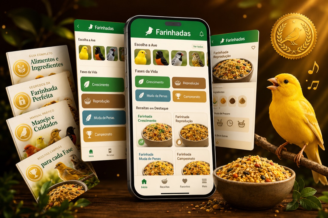 Aplicativo Farinhadas do Passarinheiro no celular mostrando o fluxo por ave e fase, com as receitas, os bônus e um canário cantando